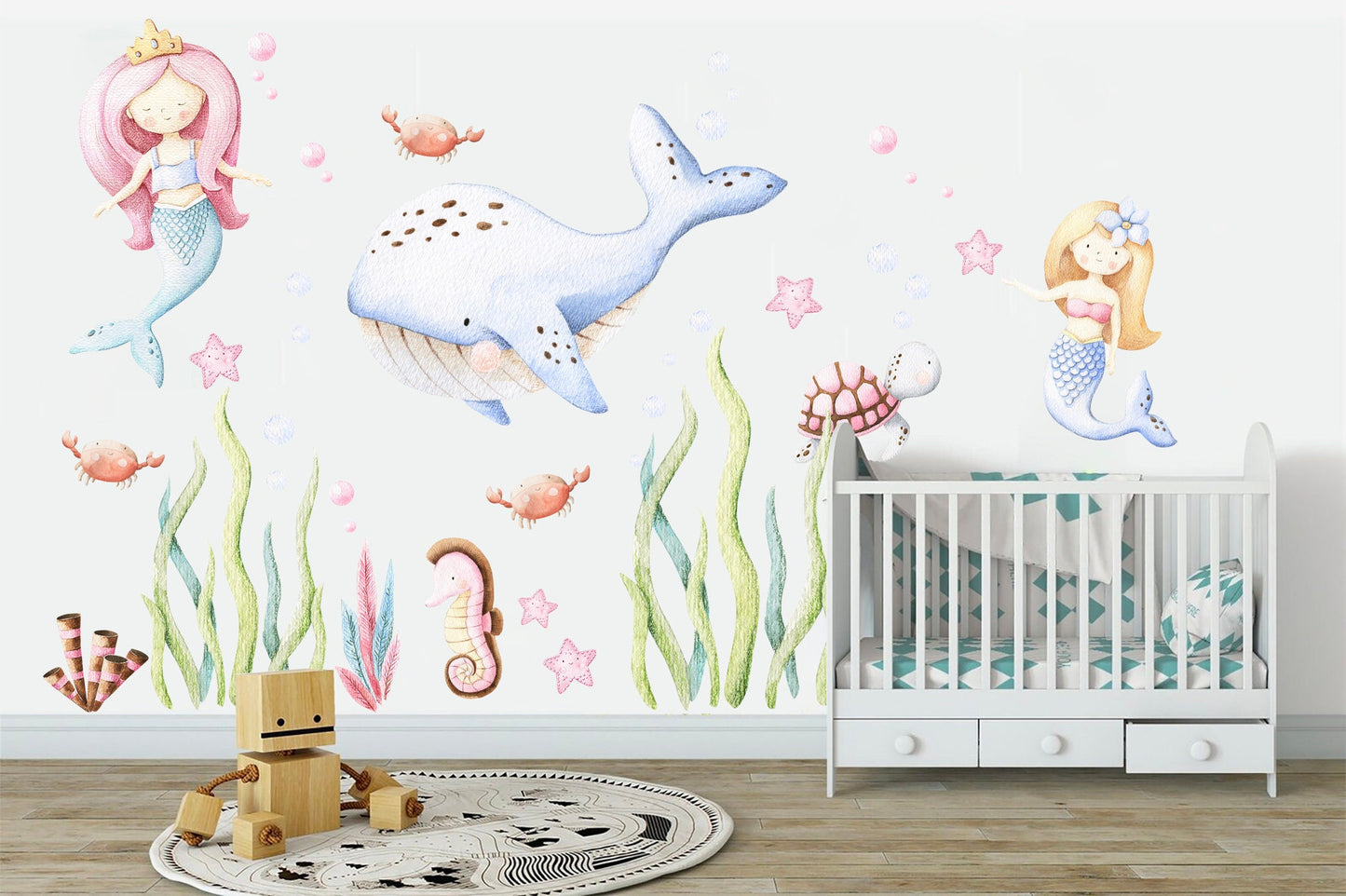 Undersea Wonderland Wall Decal - Whale Mermaid Seahorse and Seaweeds Playful Scene for Kids Room Decor - BR101