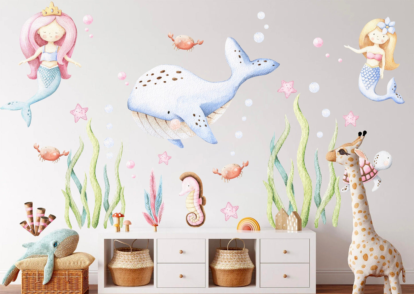 Undersea Wonderland Wall Decal - Whale Mermaid Seahorse and Seaweeds Playful Scene for Kids Room Decor - BR101