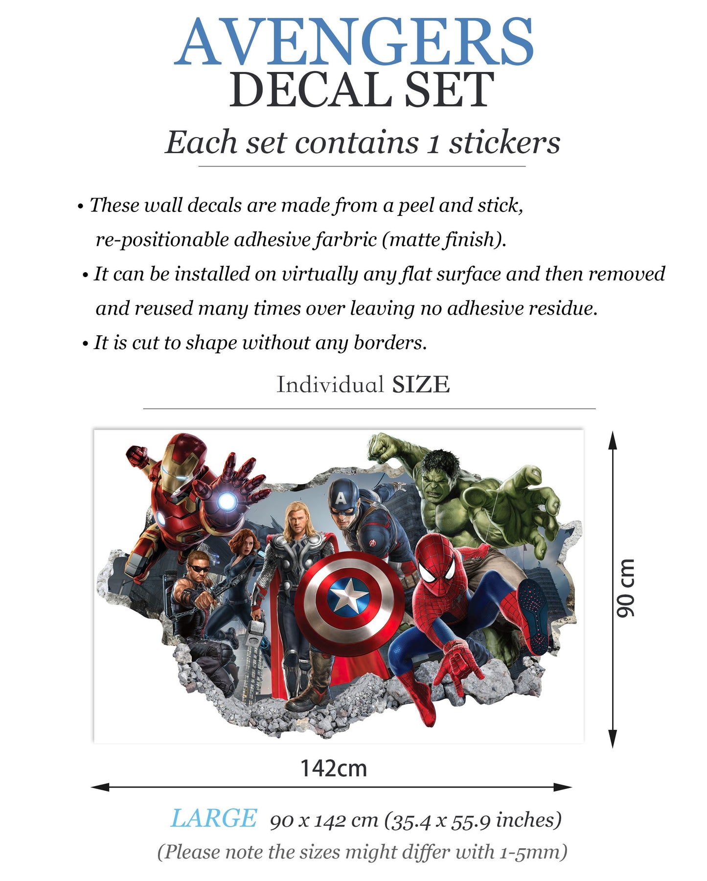 Avengers Hulk Spiderman Captain America 3D Smashed Wall Decal - BR104