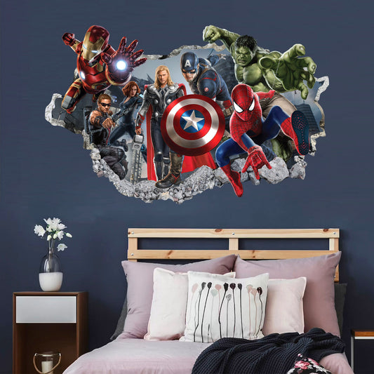 Avengers Hulk Spiderman Captain America 3D Smashed Wall Decal - BR104