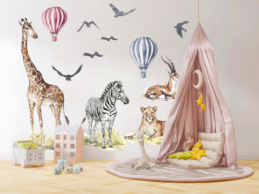 African Savannah Wildlife Wall Decal - Giraffe Antelope Lion Zebra Eagles Hot Air Balloons - BR107