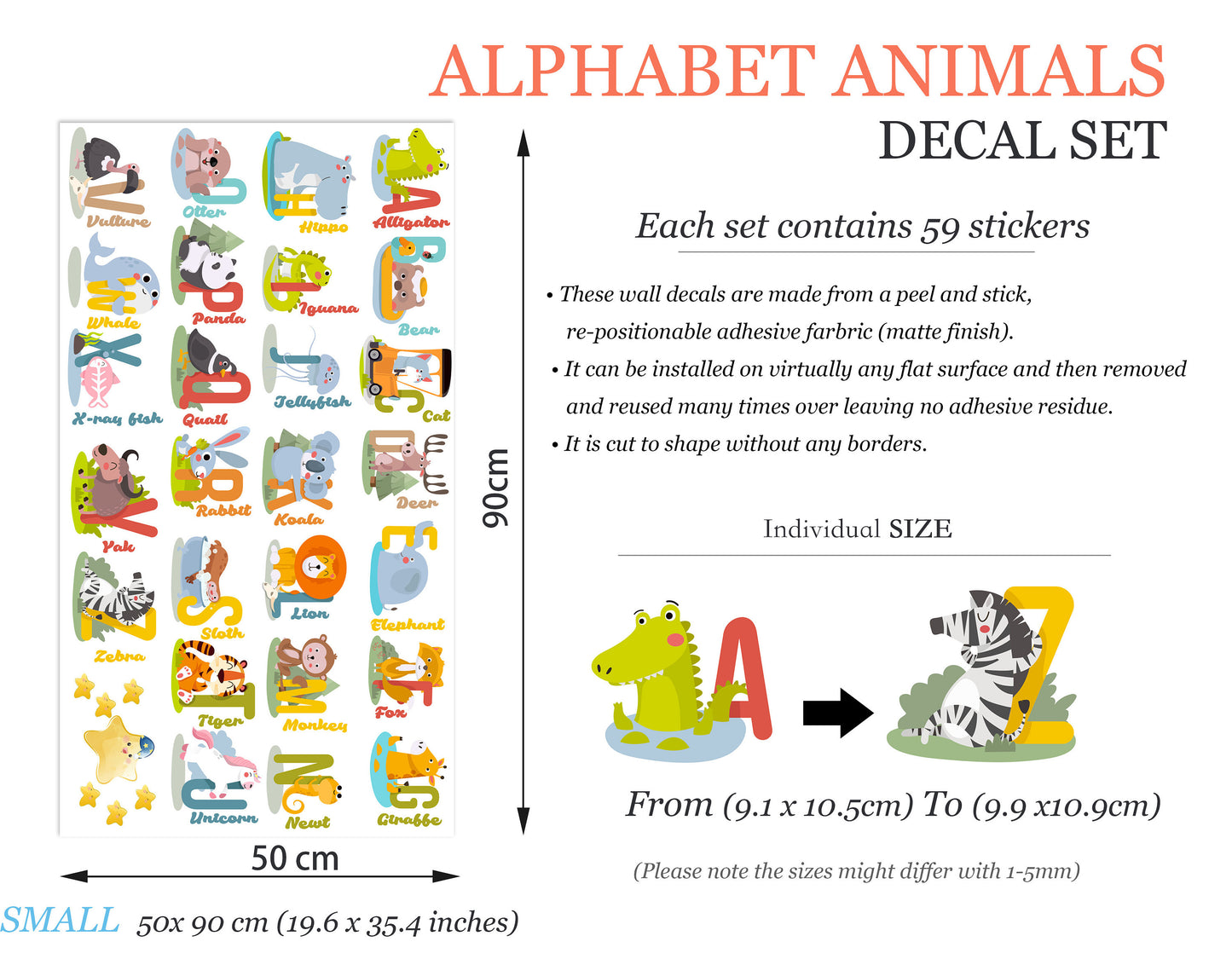 Whimsical ABC Alphabet Animals Wall Decal for Kids Room - Great gift for Alphabet Learning - BR109