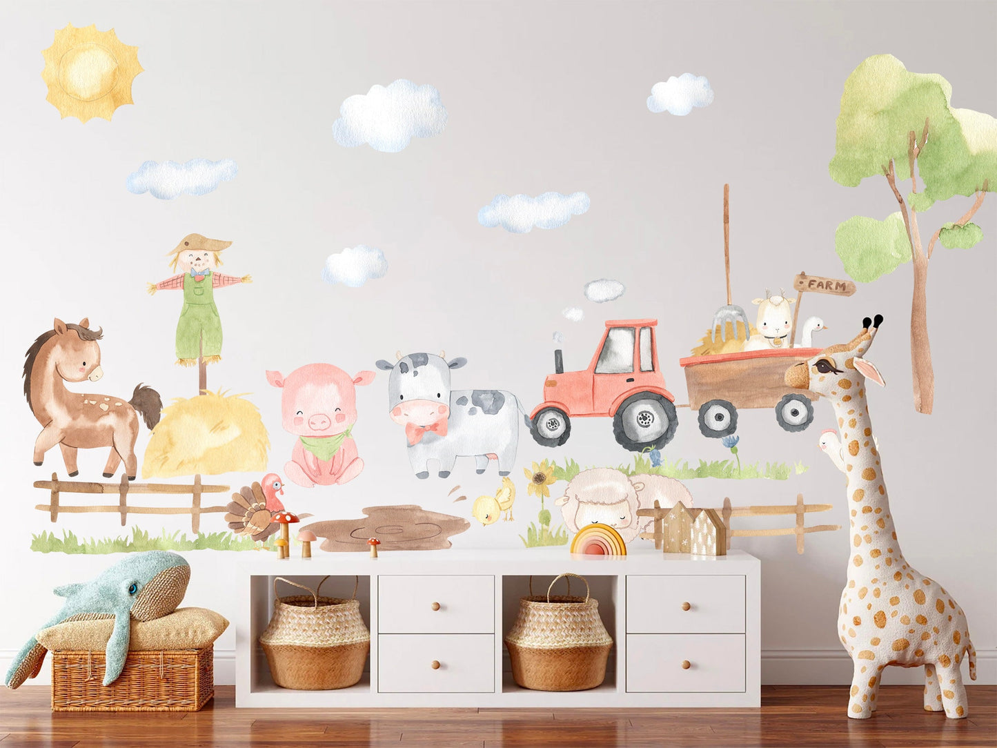 Farmyard Friends Nursery Wall Decal - Pig Scarecrow Cow Sheep Horse Tractor Removable - BR111