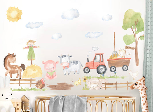 Farmyard Friends Nursery Wall Decal - Pig Scarecrow Cow Sheep Horse Tractor Removable - BR111