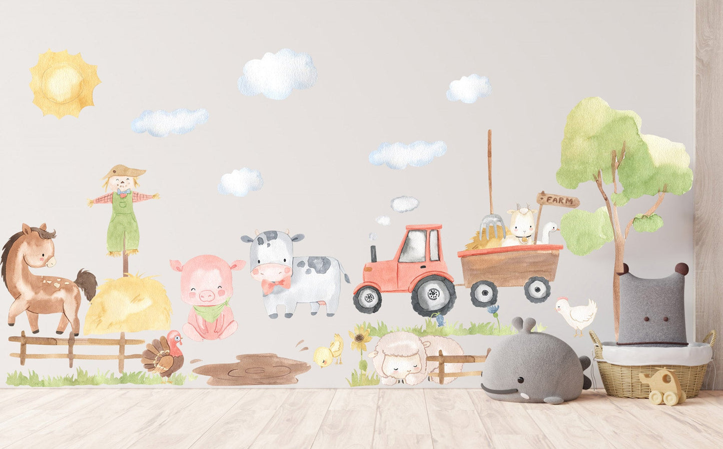 Farmyard Friends Nursery Wall Decal - Pig Scarecrow Cow Sheep Horse Tractor Removable - BR111