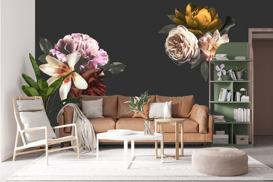 Vintage Peony Dark Pink Purple Floral Wall Decal - Living Room Decor - BR114