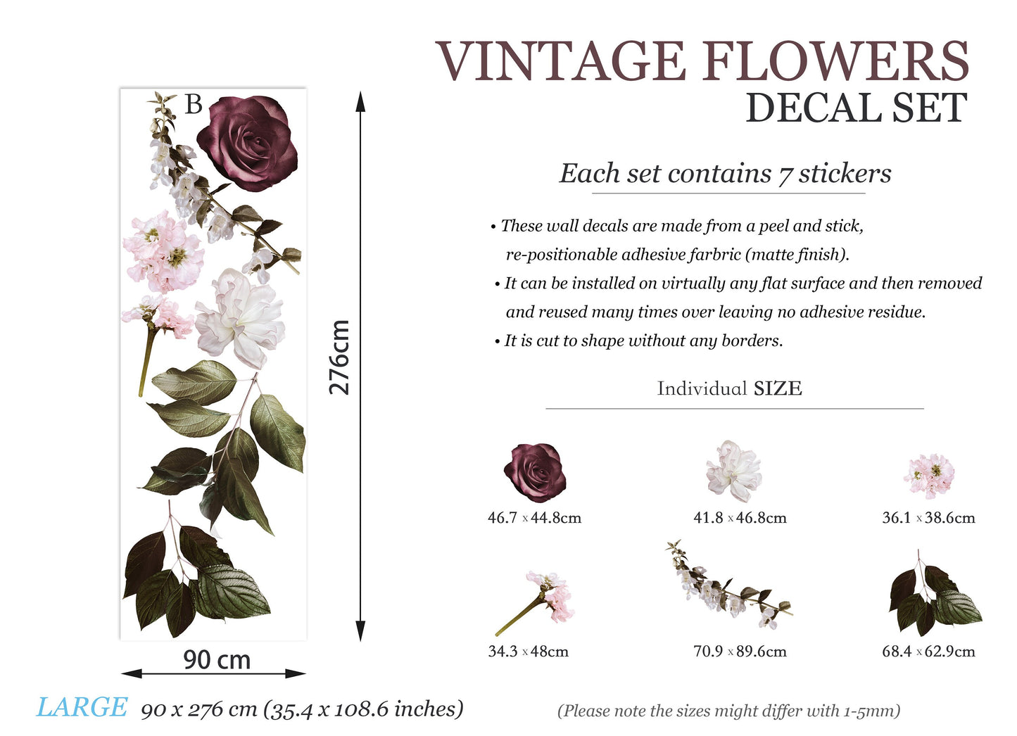 Vintage Burgundy Floral Wall Decal Set - Peony Rose Fabric Sticker for Room Decor - BR115