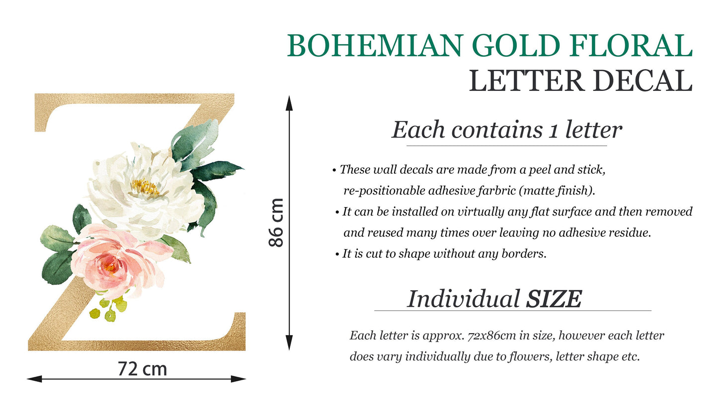 Bohemian Floral Gold Alphabet Letters Initial Wall Decal - BR116