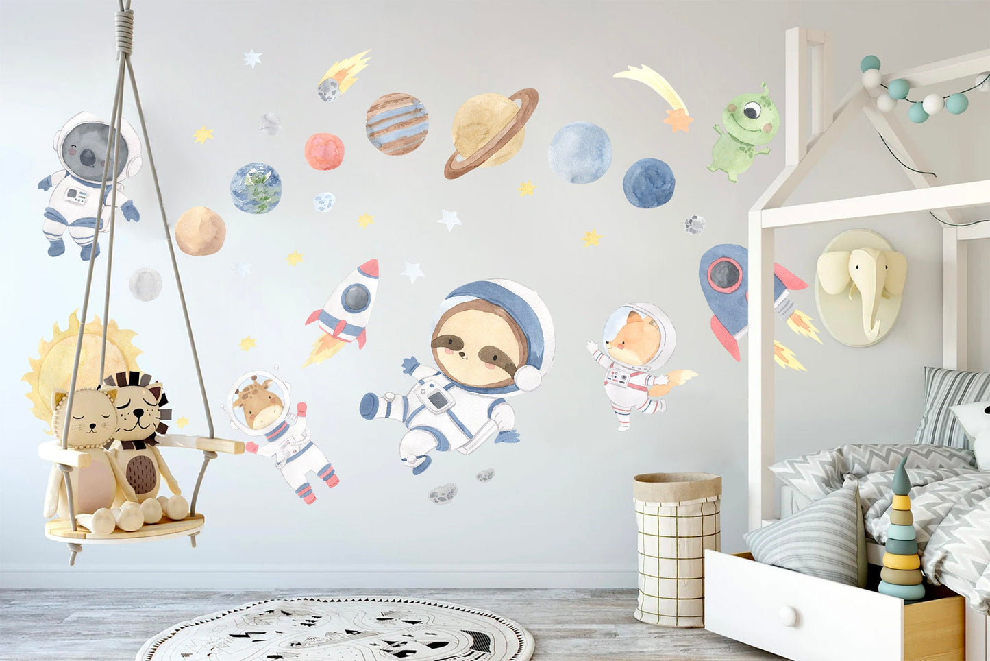 Space Animals Explorer Asteroids Rocket Koala Sloth Giraffe Astronaut Removable Wall Decal - BR120