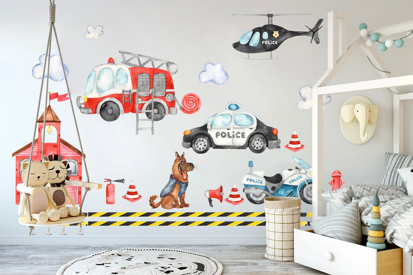 Emergency Services Fire Truck Police Car Helicopter Removable Wall Decal Boys Gift Decor - BR122