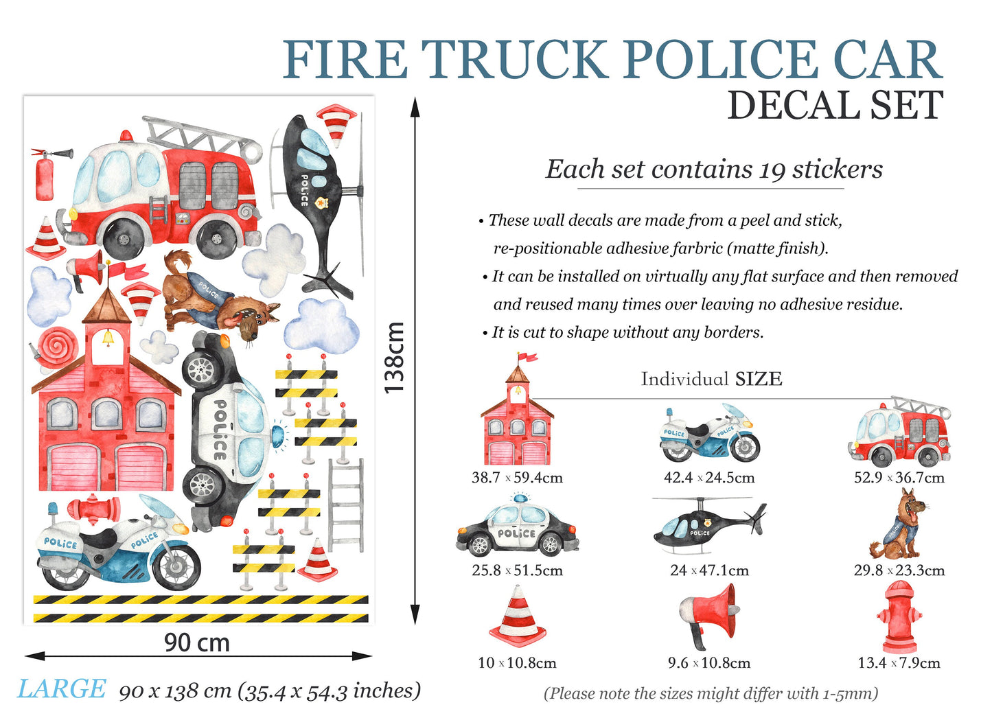 Emergency Services Fire Truck Police Car Helicopter Removable Wall Decal Boys Gift Decor - BR122