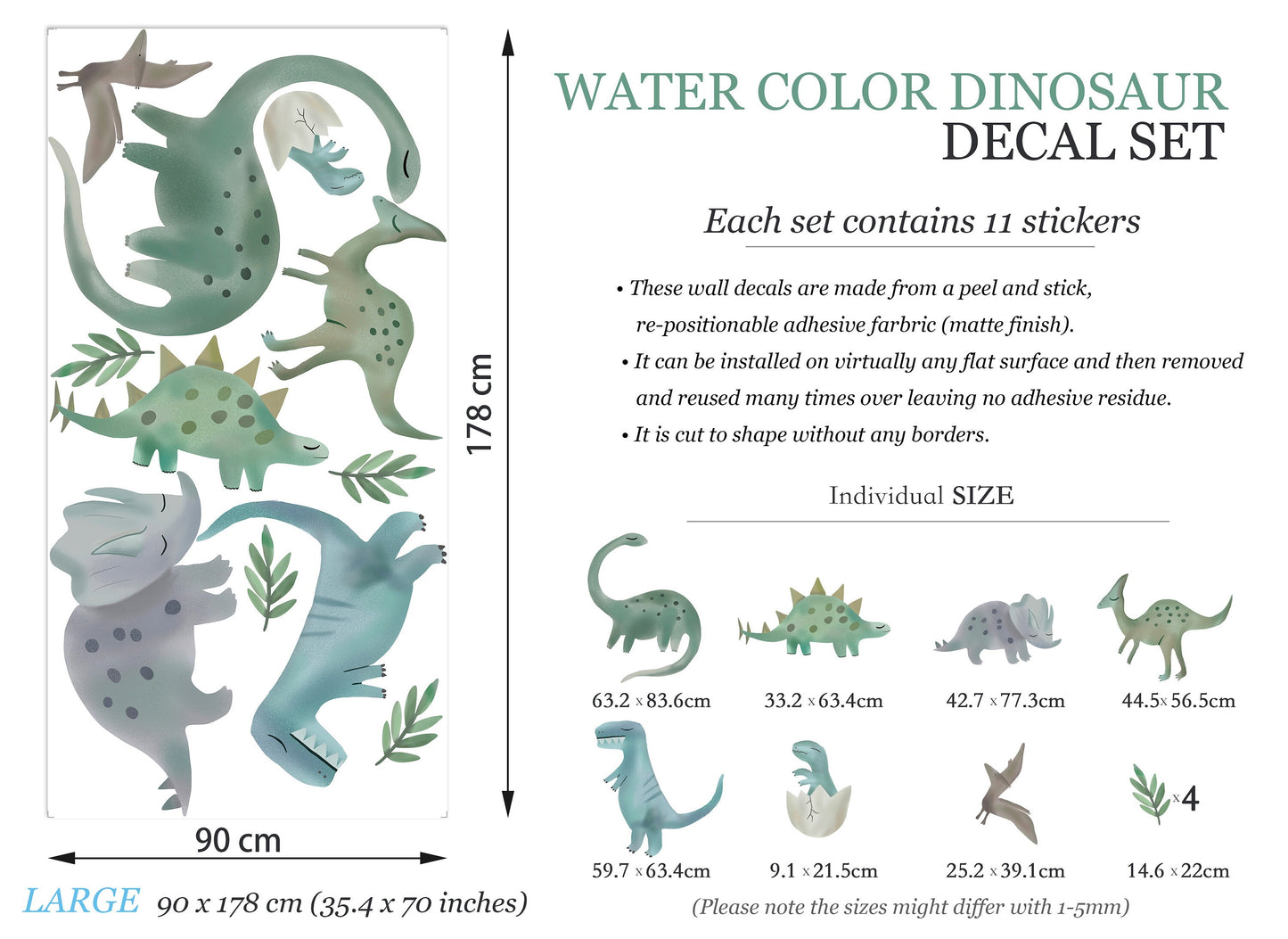 Blue&Green Cute Dinosaur Wall Decal / Peel and Stick / BR001