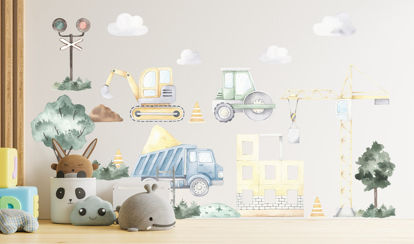 Country Style Construction Trucks Tractors Diggers Removable Wall Decal Boys Room Gift - BR097