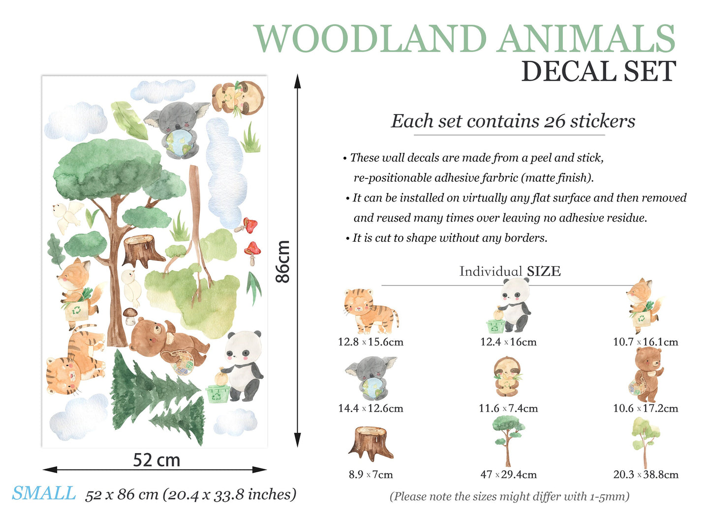 Forest Baby Animals Removable Wall Decal - Koala Sloth Fox Bear Tiger Panda - BR129