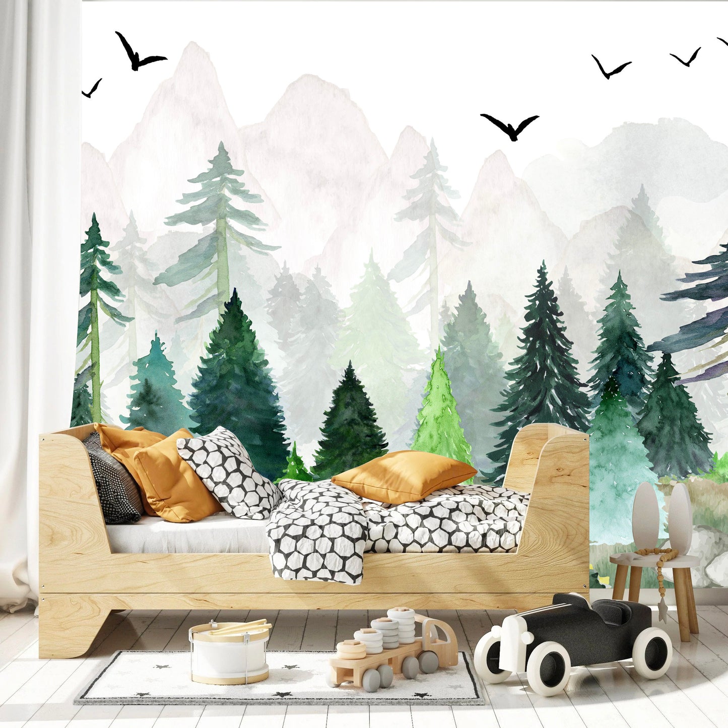 Watercolor Forest Landscape - Trees and Birds - Fabric Wallpaper - WM005