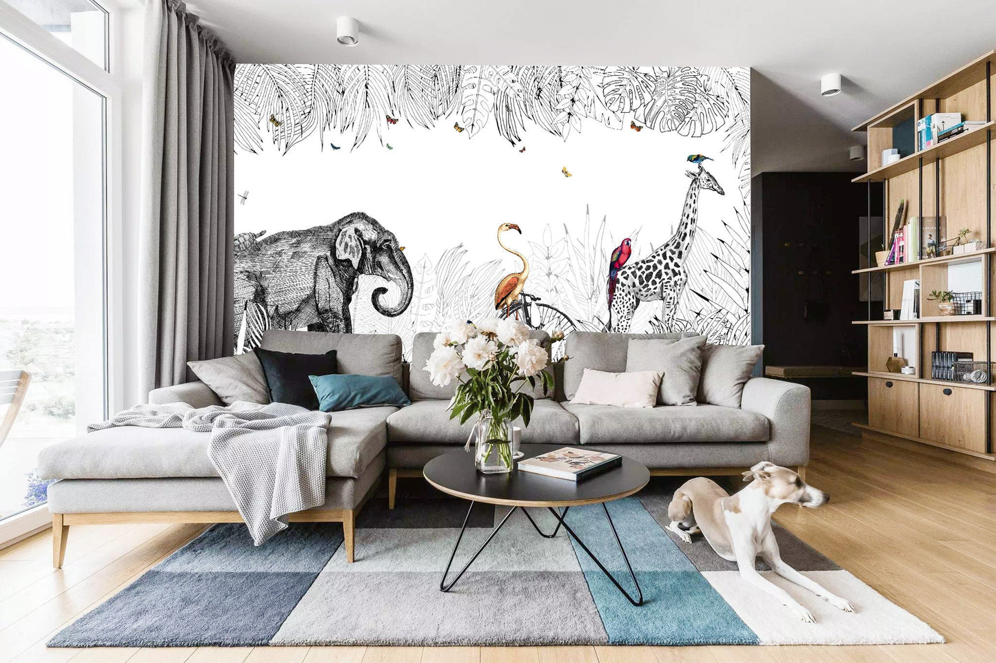 Black And White Line Tropical Forest Animal Elephant Giraffe Murals Fabric Wallpaper - WM007