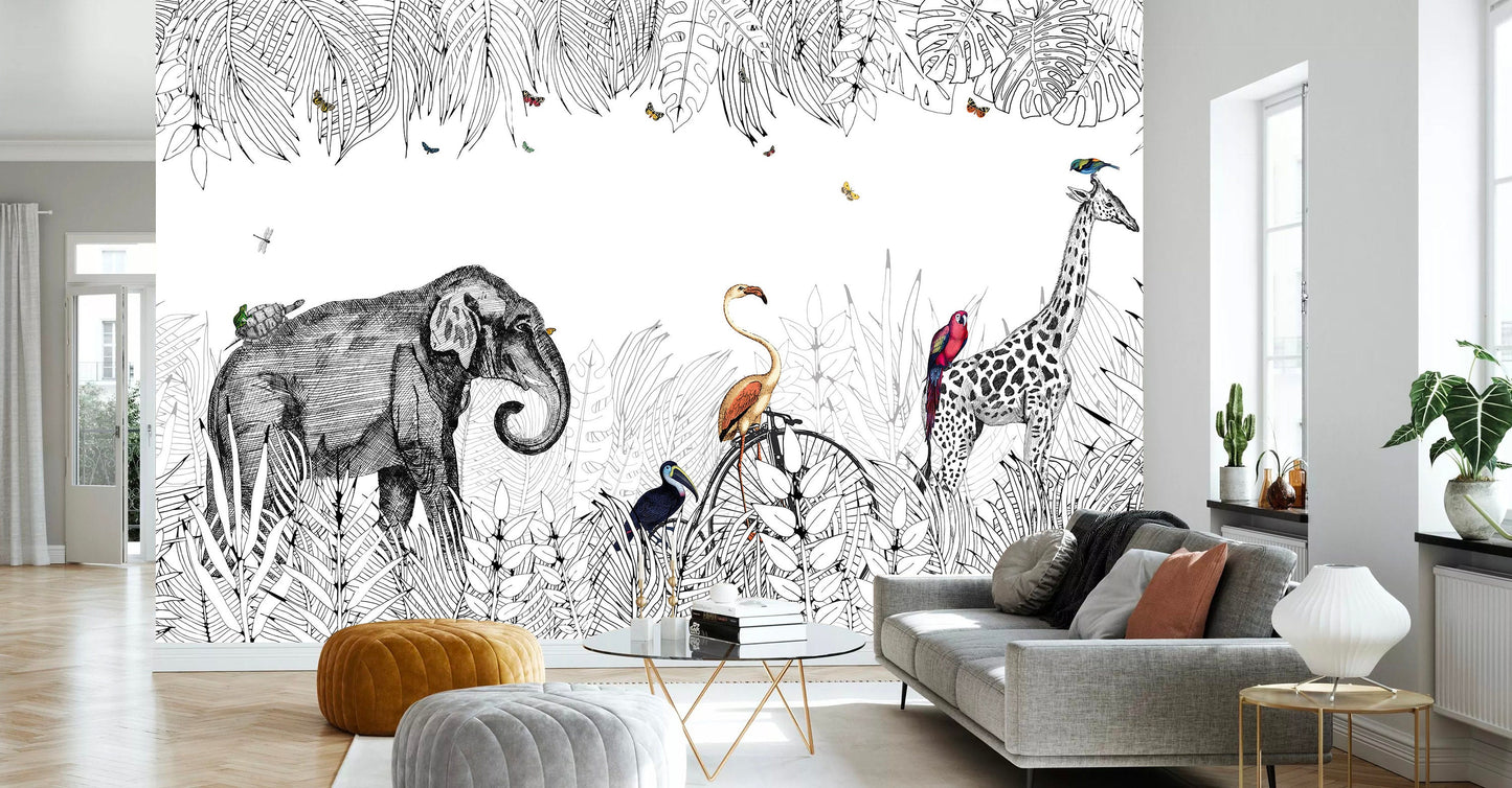 Black And White Line Tropical Forest Animal Elephant Giraffe Murals Fabric Wallpaper - WM007