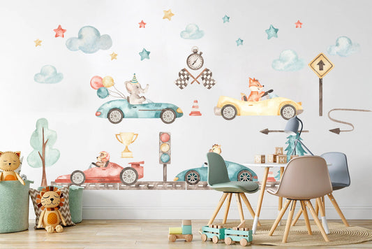 Baby Animals Racing Under Stars and Cloud with Balloons Removable Wall Decal - BR136