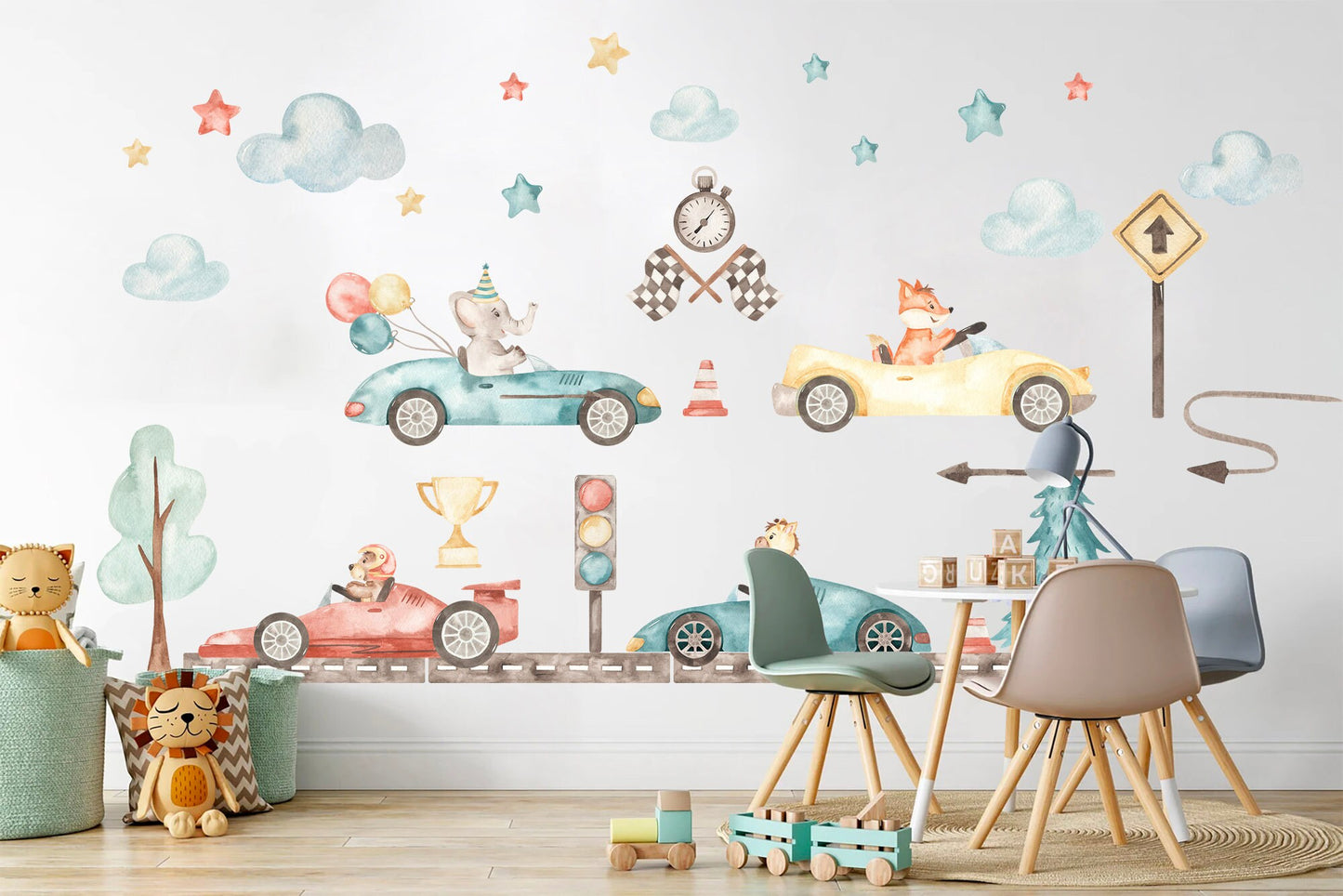 Baby Animals Racing Under Stars and Cloud with Balloons Removable Wall Decal - BR136