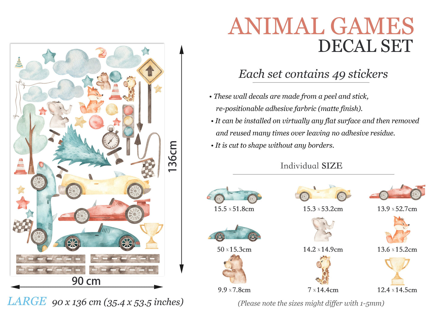 Baby Animals Racing Under Stars and Cloud with Balloons Removable Wall Decal - BR136