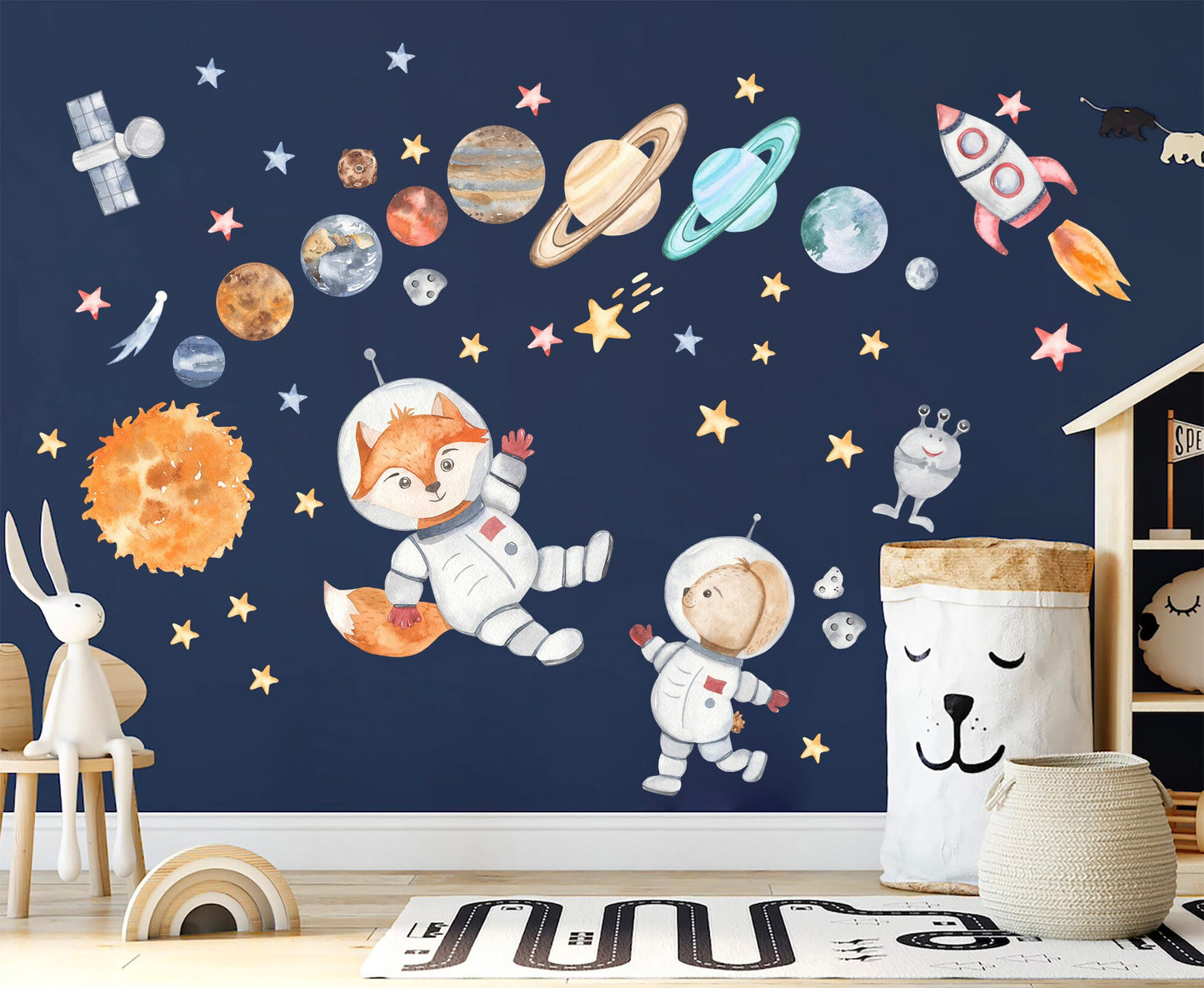 Solar System Astronaut Outer Space Rocket Planets Earth Asteroids Nursery Wall Decal - BR137