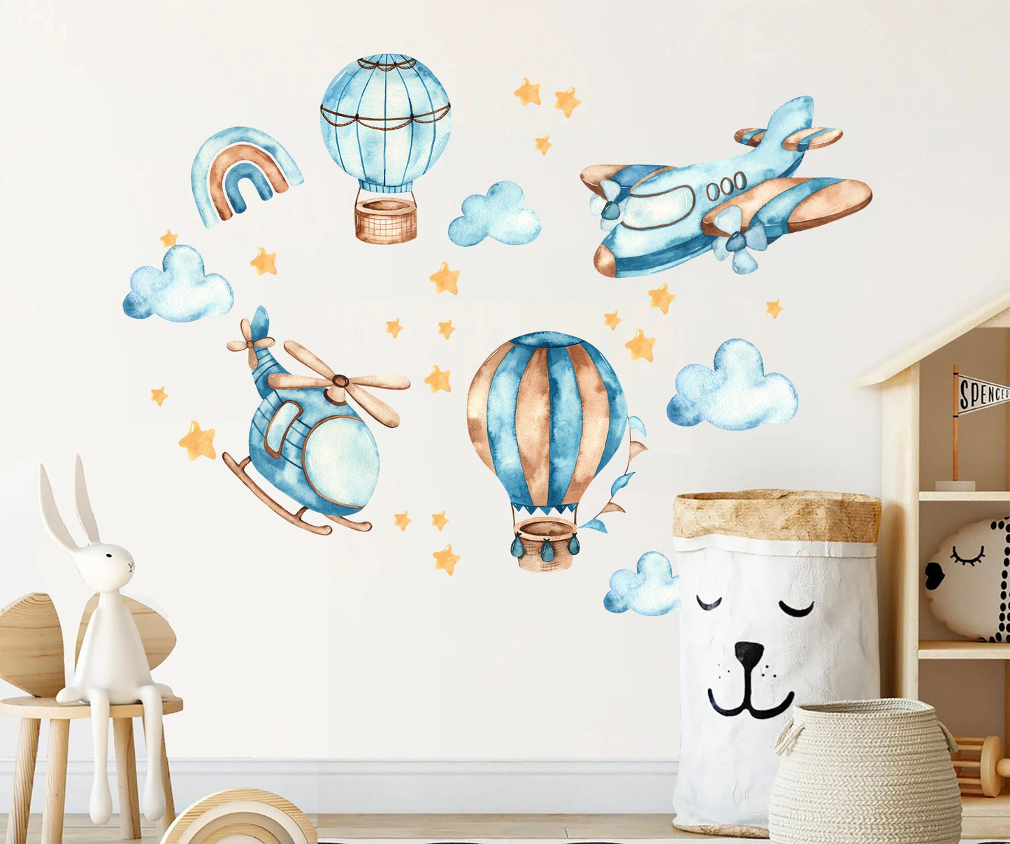Blue Hot air balloon airplane helicopter Wall Decal - Boys Room Gift - BR139