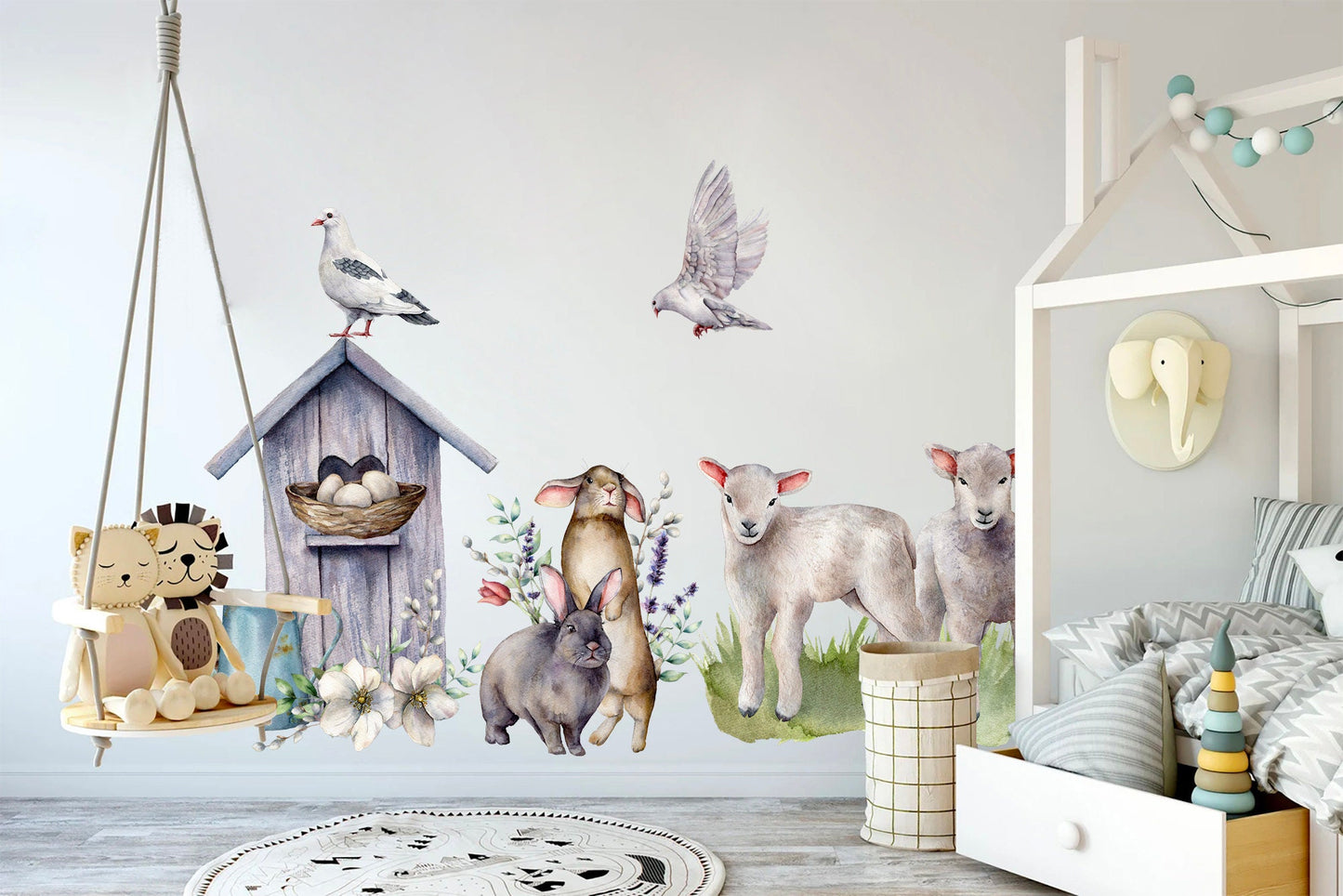 Watercolor Farm Friends Rabbit Pigeon Goat Removable Wall Decal - BR141