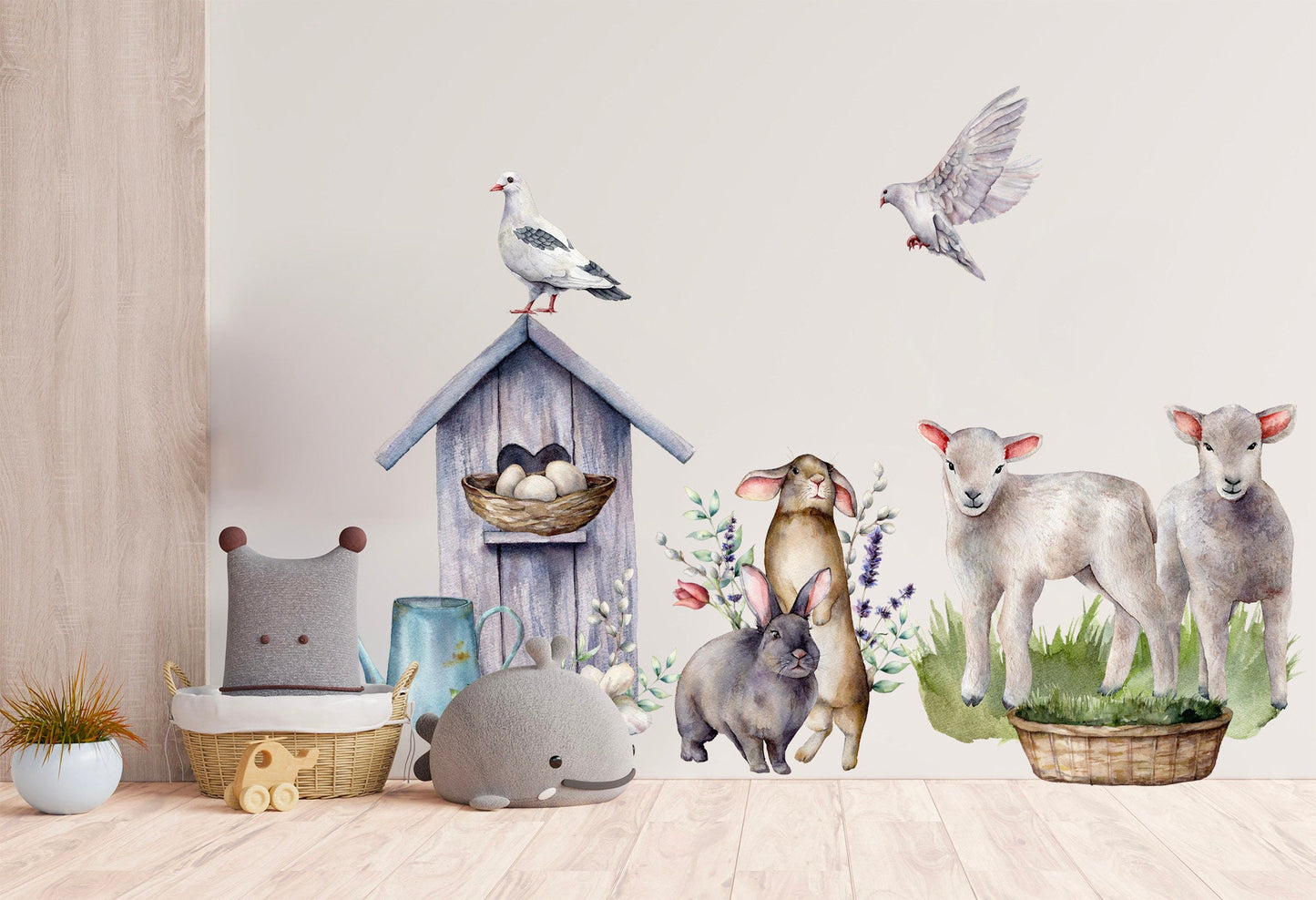 Watercolor Farm Friends Rabbit Pigeon Goat Removable Wall Decal - BR141