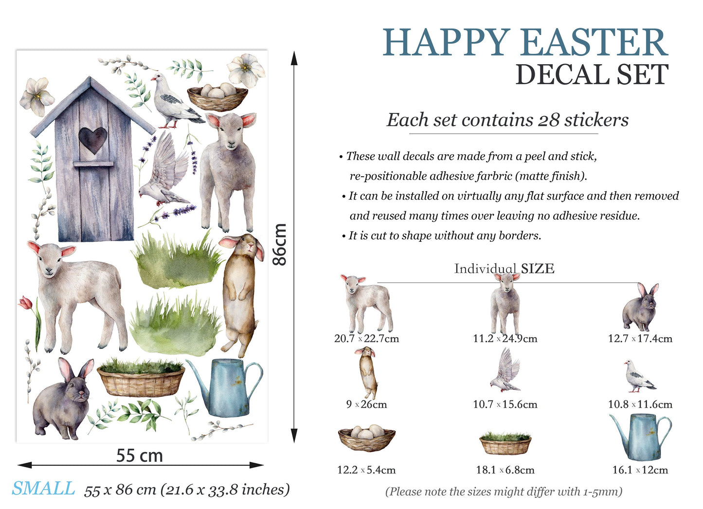 Watercolor Farm Friends Rabbit Pigeon Goat Removable Wall Decal - BR141