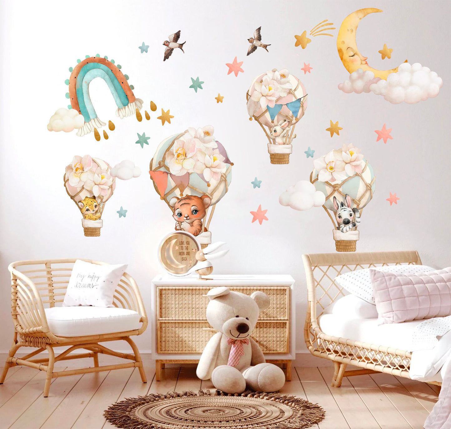 Baby Animals Soaring in Floral Hot Air Balloons Amid Rainbow Moonlit Sky Peel and Stick Wall Decal - BR144