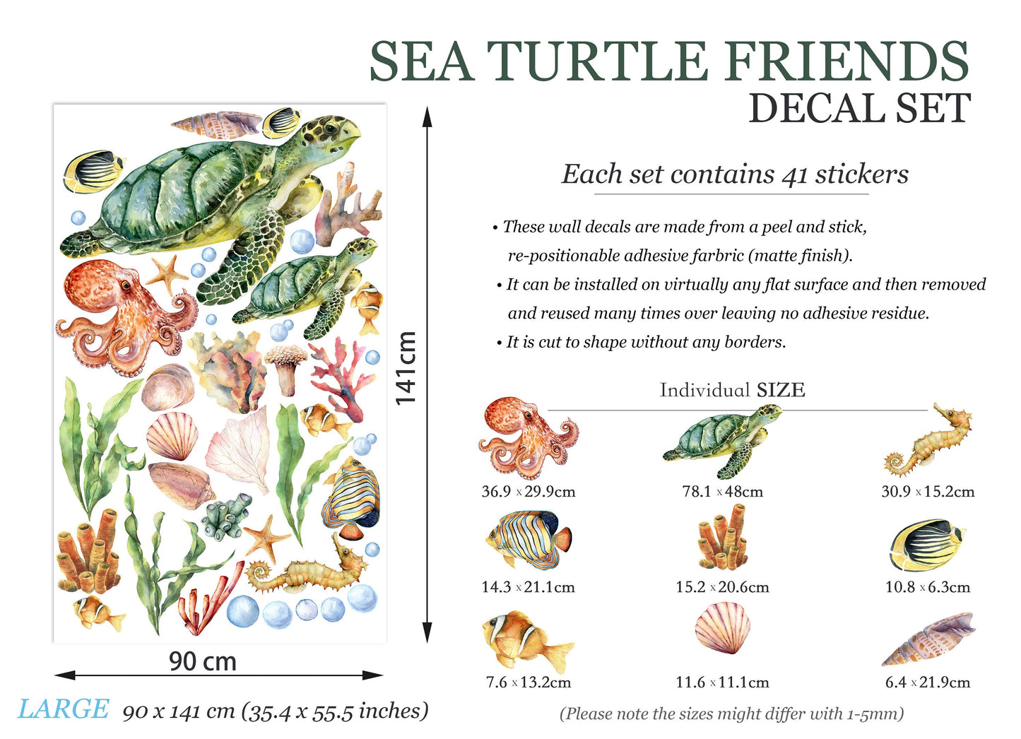 Underwater Adventure Wall Decal - Turtle Mom with Baby Swimming Among Octopus and Seahorse Friends - BR146