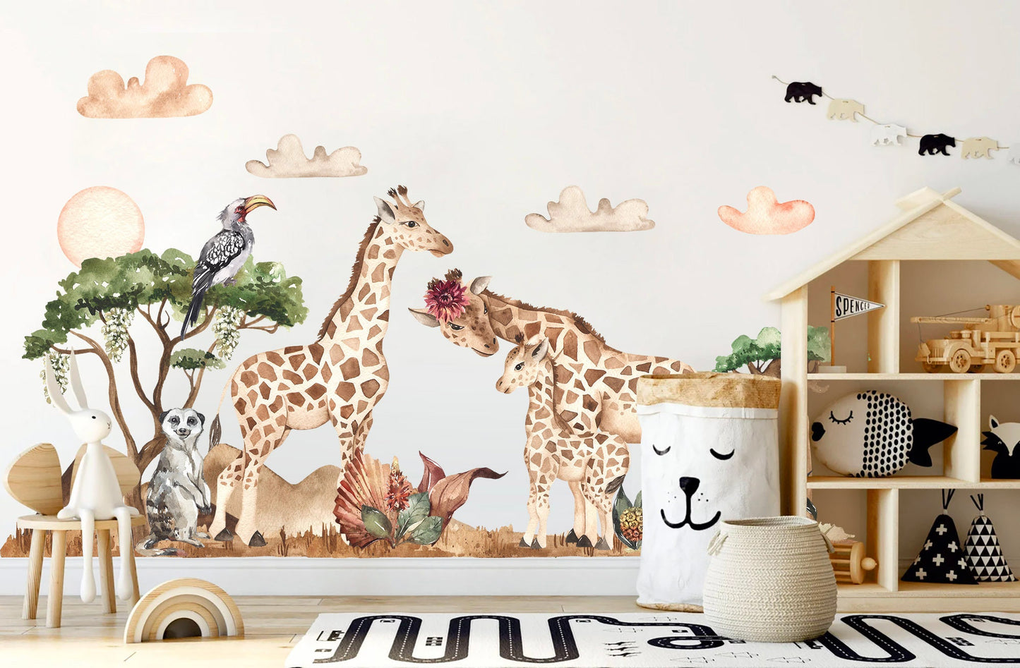 African Savannah Giraffe Family and Meerkat Wall Decal - Removable Peel and Stick - BR148
