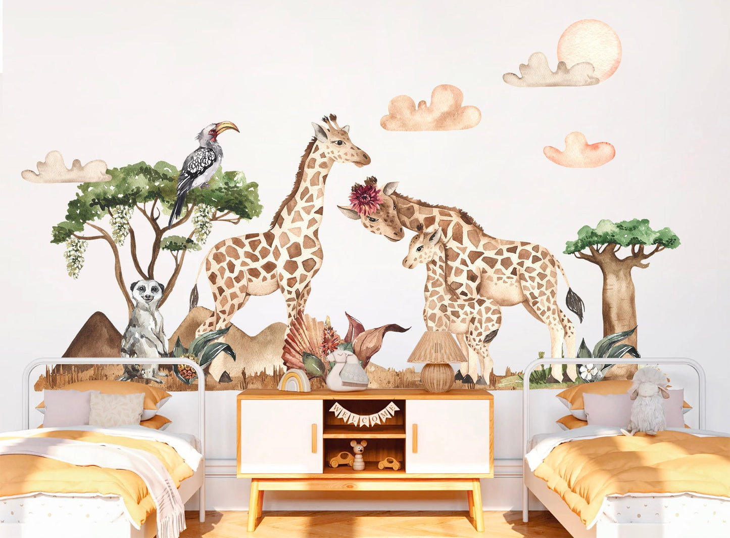 African Savannah Giraffe Family and Meerkat Wall Decal - Removable Peel and Stick - BR148