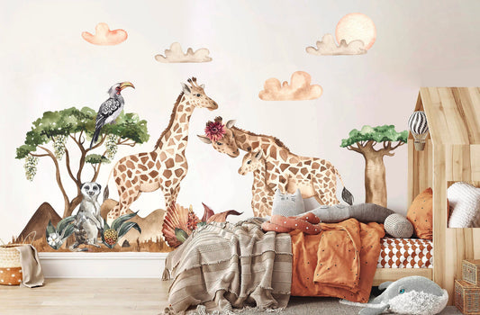 African Savannah Giraffe Family and Meerkat Wall Decal - Removable Peel and Stick - BR148