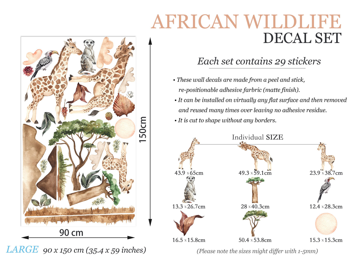 African Savannah Giraffe Family and Meerkat Wall Decal - Removable Peel and Stick - BR148