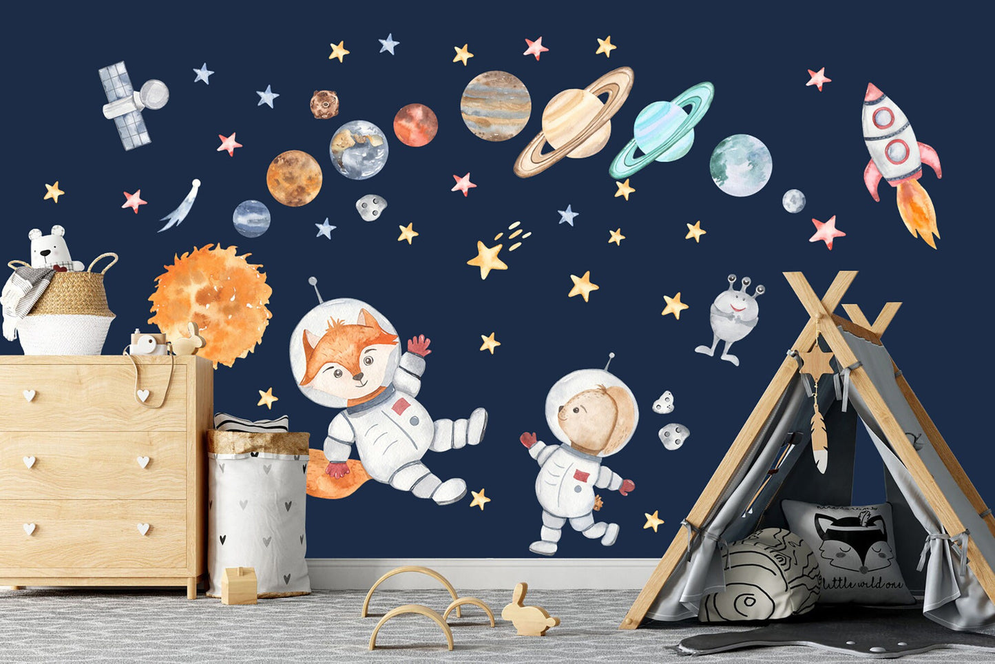 Solar System Astronaut Outer Space Rocket Planets Earth Asteroids Nursery Wall Decal - BR137