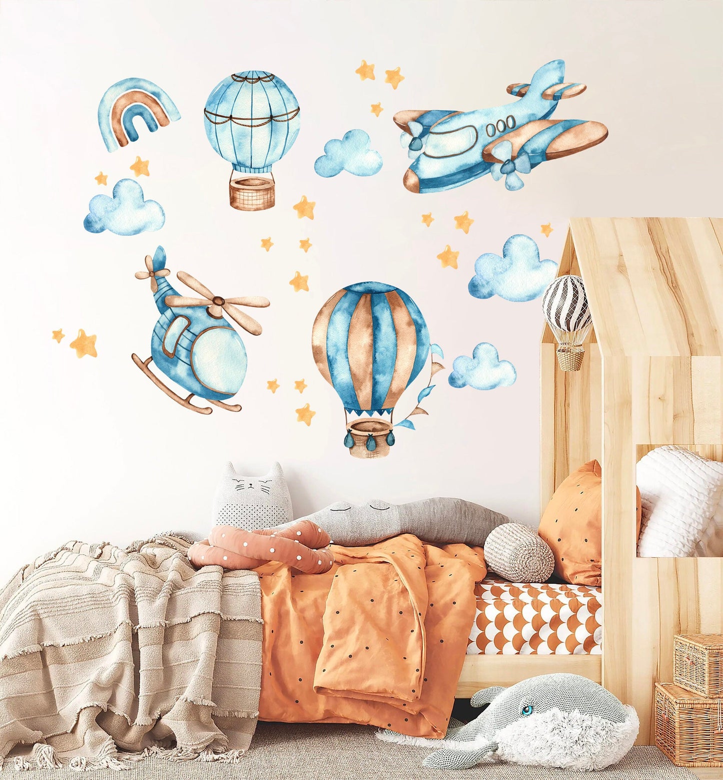 Blue Hot air balloon airplane helicopter Wall Decal - Boys Room Gift - BR139