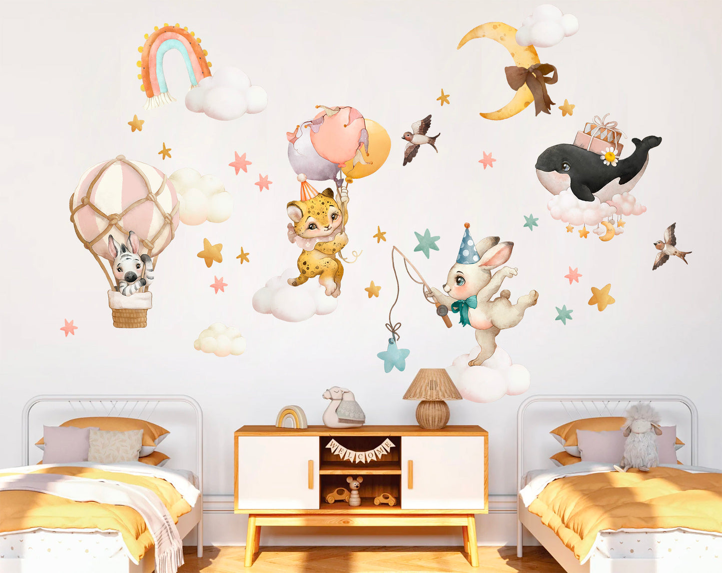 Baby Animals Riding Clouds and Hot Air Balloons into Starry Sky - Whale Zebra Leopard Rabbit Rainbow - Removable Wall Decal - BR143