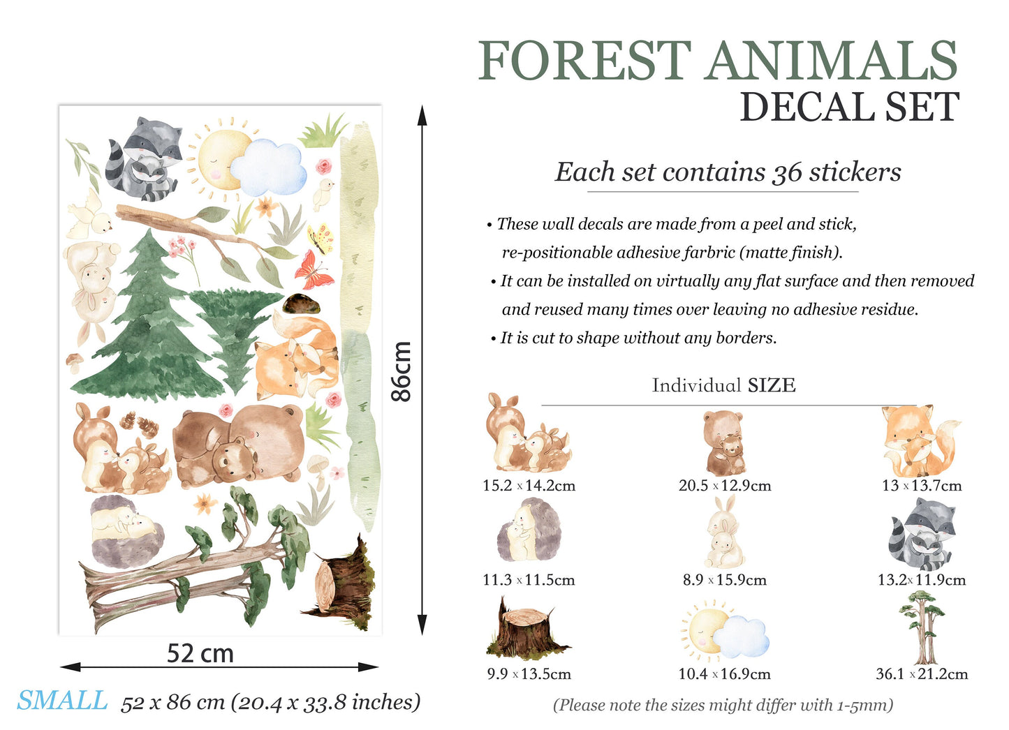 Forest Fun: Animal Moms and Babies Removable Nursery Wall Decal - Raccoon, Hedgehog, Rabbit, Fox - BR159
