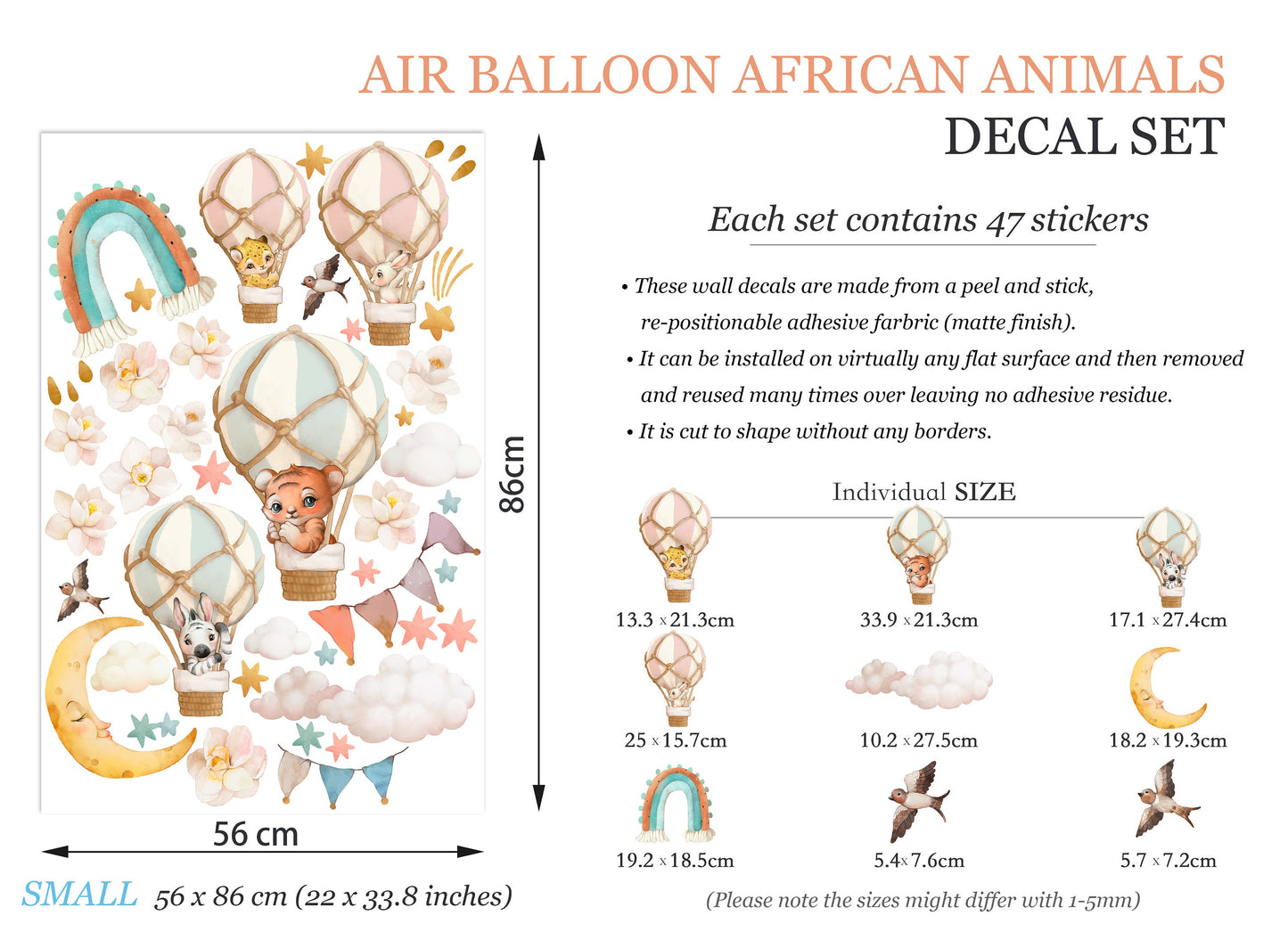 Baby Animals Soaring in Floral Hot Air Balloons Amid Rainbow Moonlit Sky Peel and Stick Wall Decal - BR144