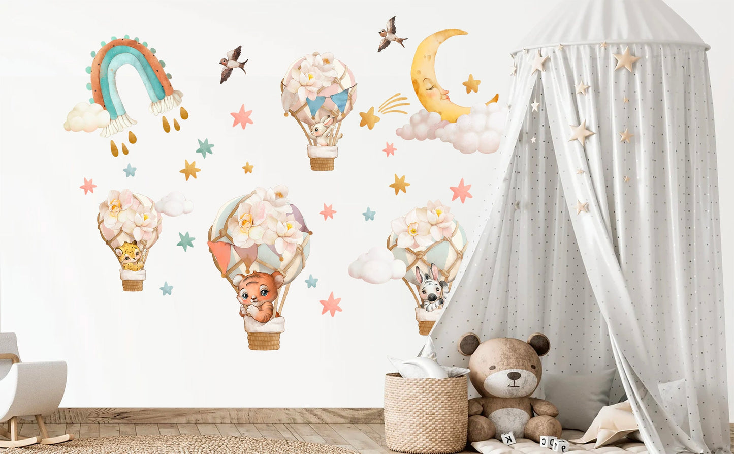 Baby Animals Soaring in Floral Hot Air Balloons Amid Rainbow Moonlit Sky Peel and Stick Wall Decal - BR144
