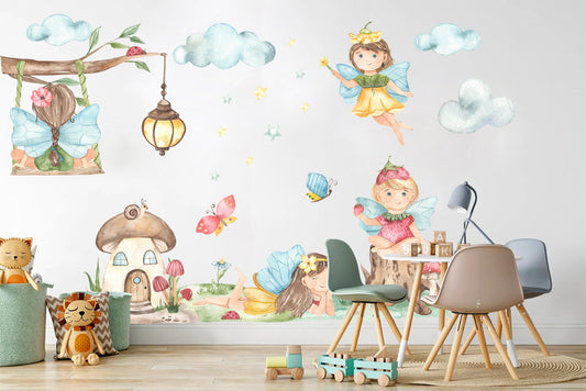 Enchanting Fairy Wall Decal with Butterfly Mushroom House Branch Lantern - Girl Room Decor - BR147
