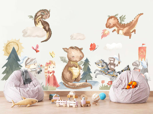 Watercolor Dragons And Knights Princess Removable Wall Decal - BR150