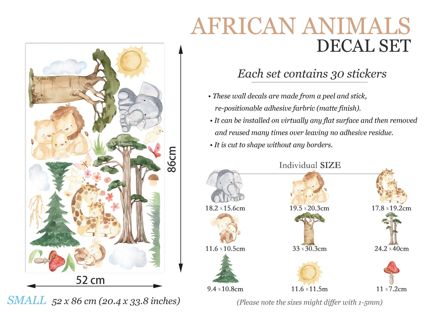 Wildlife Mom & Baby Wall Decal - Elephant Monkey Lion Giraffe Family - BR151