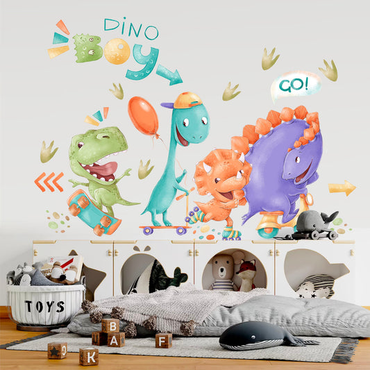 Watercolor Dinosaurs Riding Skateboards, Petals, Rollerblades, Mini Motorcycles Wall Decal - Boys Room Gift - BR164