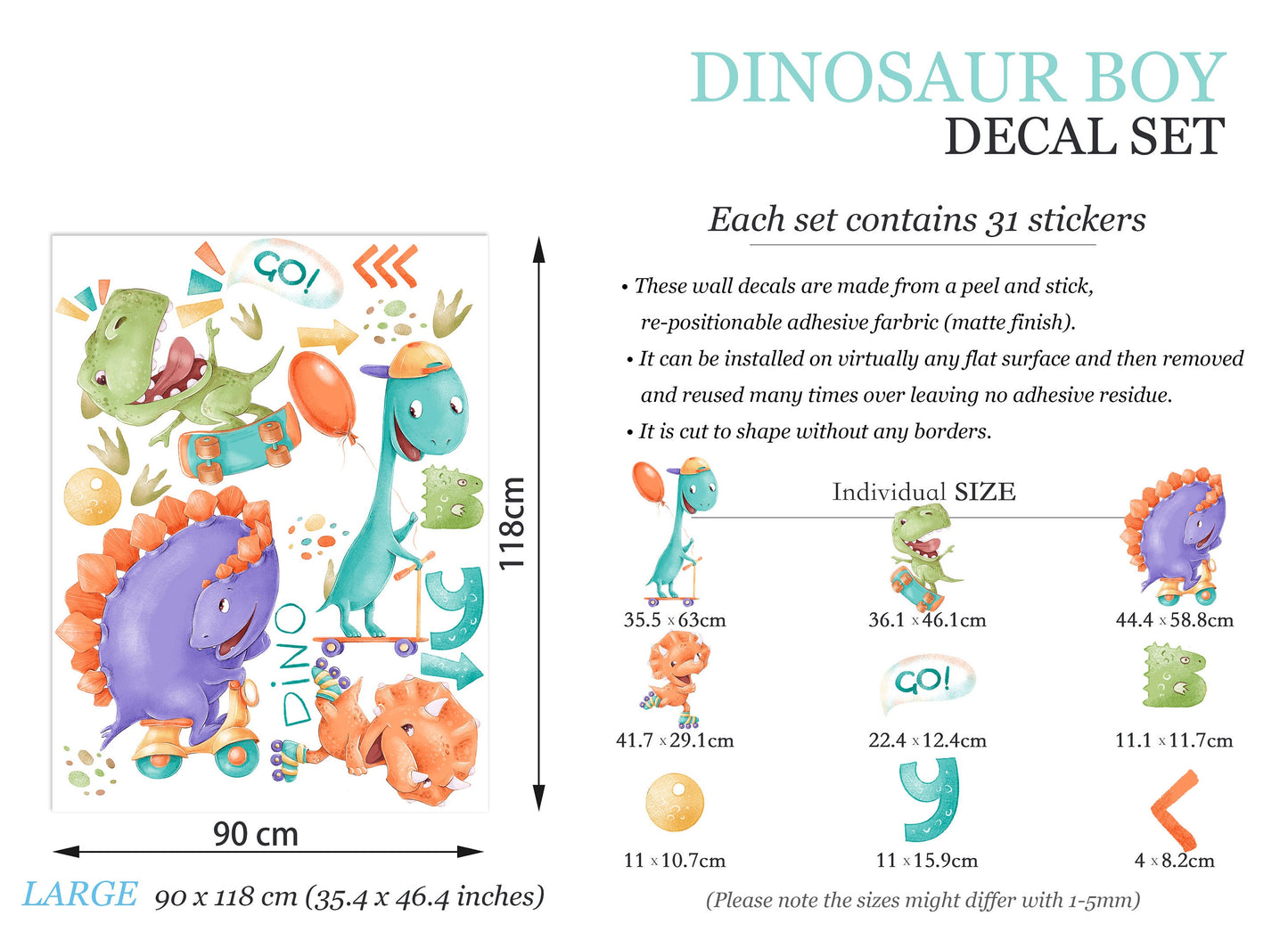 Watercolor Dinosaurs Riding Skateboards, Petals, Rollerblades, Mini Motorcycles Wall Decal - Boys Room Gift - BR164