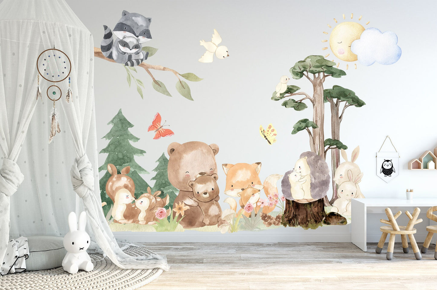 Forest Fun: Animal Moms and Babies Removable Nursery Wall Decal - Raccoon, Hedgehog, Rabbit, Fox - BR159