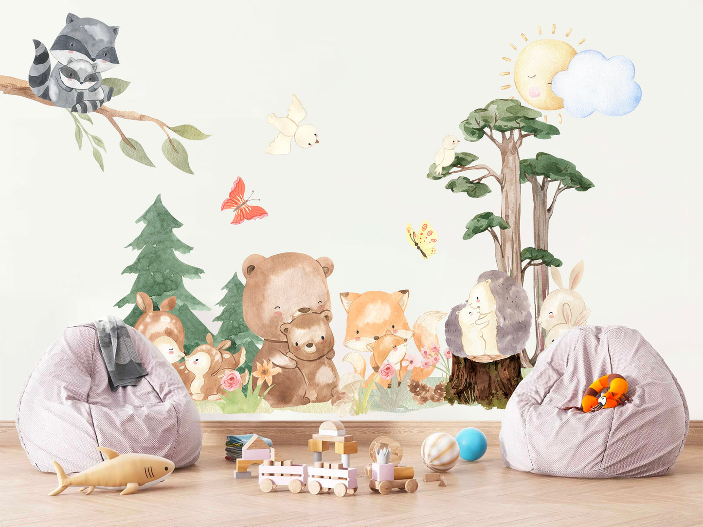 Forest Fun: Animal Moms and Babies Removable Nursery Wall Decal - Raccoon, Hedgehog, Rabbit, Fox - BR159