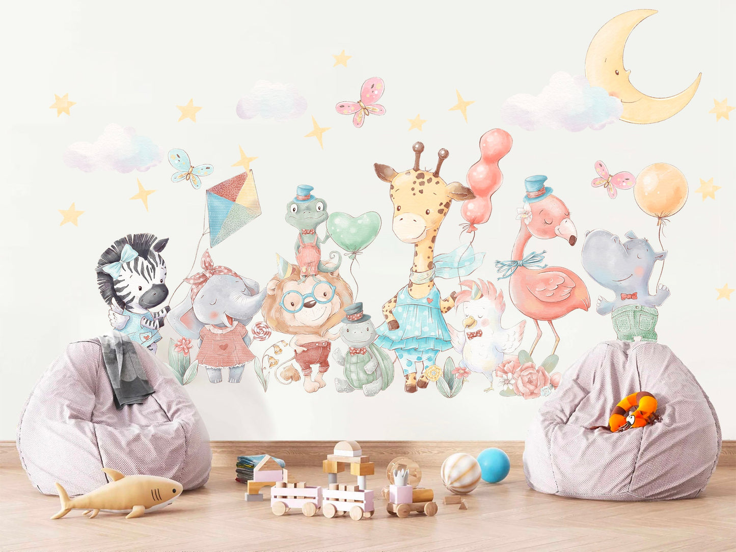 Animal Party Wall Decal - Giraffe, Elephant, Zebra with Balloons - Removable Peel and Stick - BR163