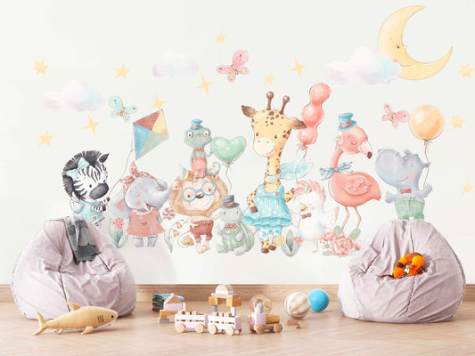 Animal Party Wall Decal - Giraffe, Elephant, Zebra with Balloons - Removable Peel and Stick - BR163